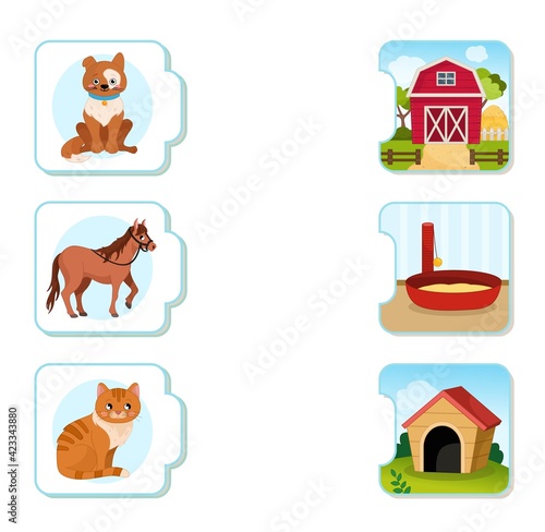 Matching children educational game. What do animals live?. Activity for pre sсhool years kids and toddlers. Animals and their homes.