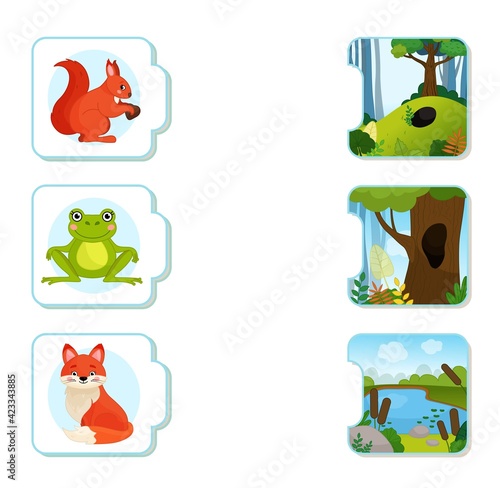 Matching children educational game. What do animals live?. Activity for pre sсhool years kids and toddlers. Animals and their homes.