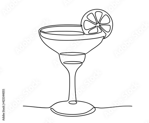 Continuous line drawing. Wineglass with cocktail and lemon. Cocktail margarita with lime. Isolated on white background. Hand drawn vector illustration.