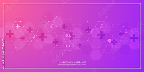Medical background and healthcare technology with flat icons and symbols. Design template of concept and idea for health care business, innovation medicine, health safety, science. Vector illustration