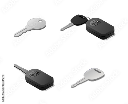 Car key and remote control. Isometric vector illustration. Isolated on white background.