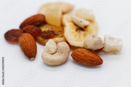 dried fruits and nuts on a white background close-up