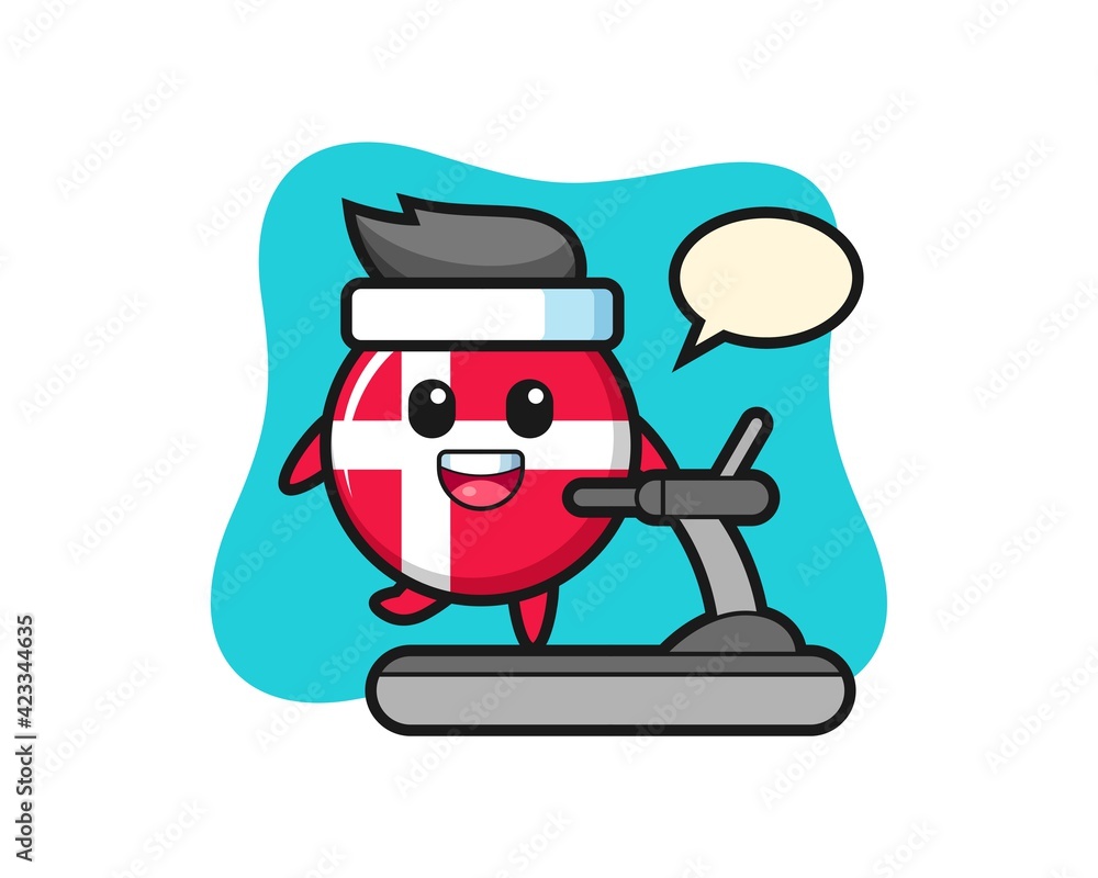 denmark flag badge cartoon character walking on the treadmill