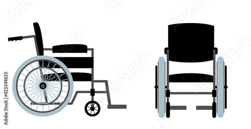Vector set of wheelchair for disabled person, front, side view. Transport chair for disabled, sick, or injured, medical equipment. Vector flat style cartoon illustration, isolated, white background.