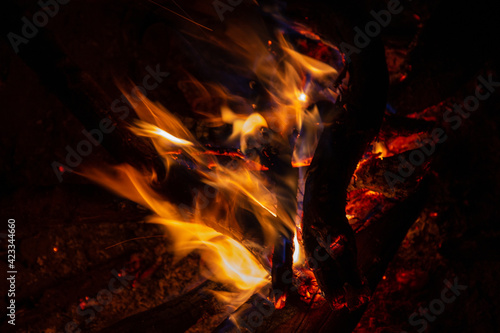 Fire on wooden or firewood at night on the dark or black light background.