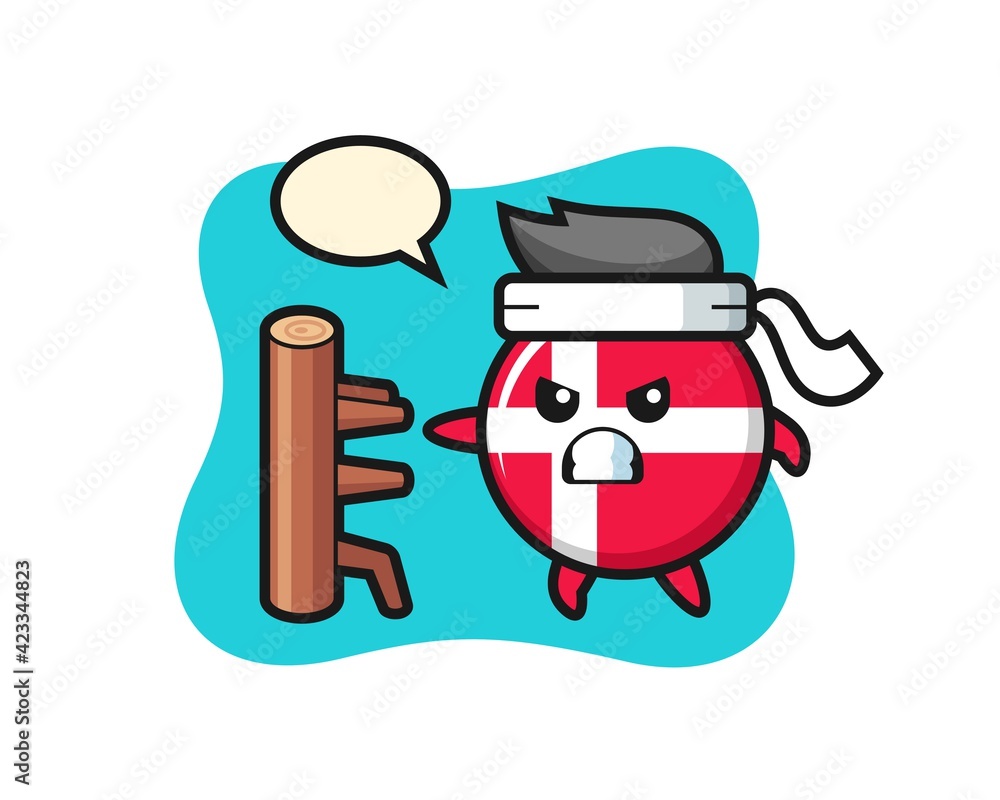 denmark flag badge cartoon illustration as a karate fighter
