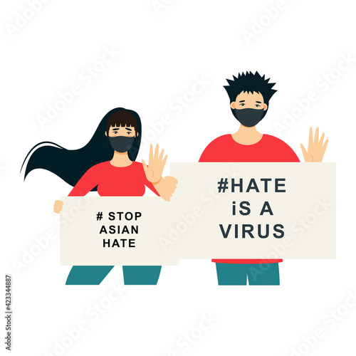 Stop Asian Hate‬‬. Hashtag to support asian community during the covid-19 pandemic. Stop racism. Man and woman wearing protective face mask and holding banner against bullying, hate and violence.