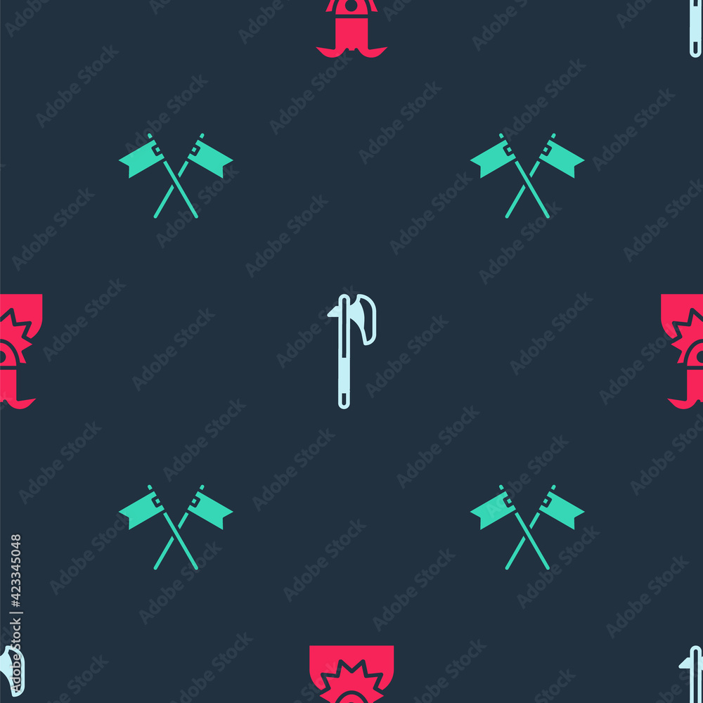 Set Joker head, Medieval axe and Crossed medieval flag on seamless pattern. Vector Set Joker head, Medieval axe and Crossed medieval flag on seamless pattern. Vector