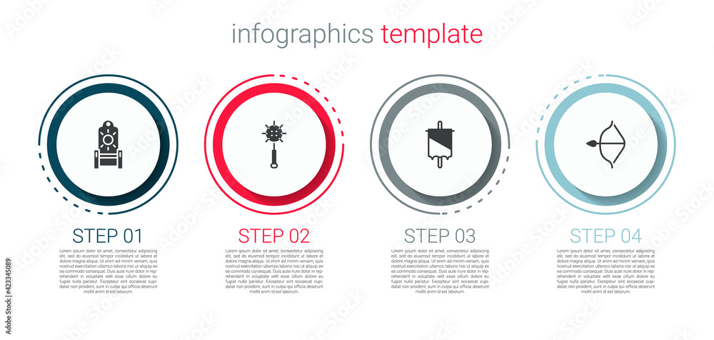 Set Medieval throne, chained mace ball, flag and bow and arrow. Business infographic template. Vector Set Medieval throne, chained mace ball, flag and bow and arrow. Business infographic template. Vector