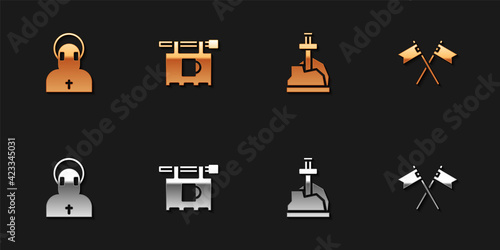 Set Monk, Street signboard with Bar, Sword in the stone and Crossed medieval flag icon. Vector