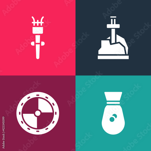 Set pop art Old money bag, Round wooden shield, Sword in the stone and Torch flame icon. Vector