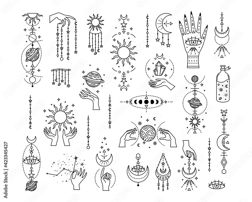 Set of mystical astrological vector illustrations. Magic symbols. Zodiac. Astronomy. Line art illustrations.