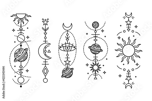 Set of mystical astrological vector illustrations. Magic symbols. Zodiac. Astronomy. Line art illustrations.
