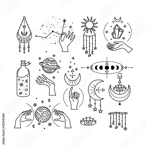 Set of mystical astrological vector illustrations. Magic symbols. Zodiac. Astronomy. Line art illustrations.