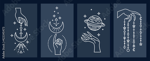 Set of mystical astrological vector illustrations. Magic symbols. Zodiac. Astronomy. Line art illustrations.