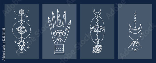 Set of mystical astrological vector illustrations. Magic symbols. Zodiac. Astronomy. Line art illustrations.