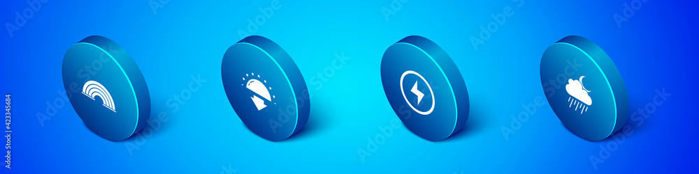 Set Isometric Rainbow, Lightning bolt, Cloud with rain and moon and Sunset icon. Vector Set Isometric Rainbow, Lightning bolt, Cloud with rain and moon and Sunset icon. Vector