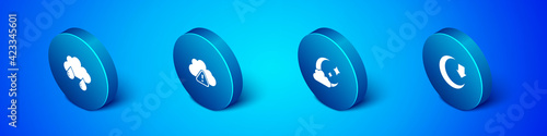 Set Isometric Cloud with rain, moon, Moon and Storm warning icon. Vector