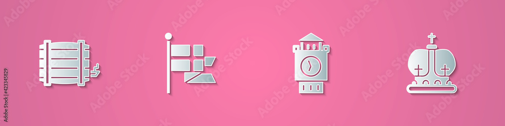Set paper cut Wooden barrel, England flag on flagpole, Big Ben tower and British crown icon. Paper art style. Vector Set paper cut Wooden barrel, England flag on flagpole, Big Ben tower and British crown icon. Paper art style. Vector