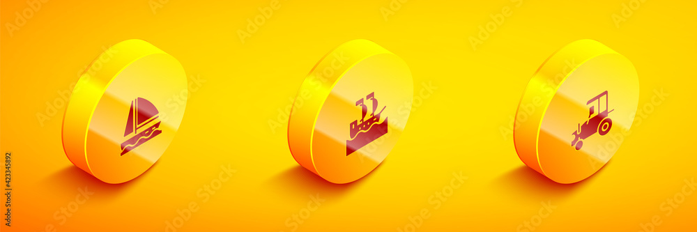 Set Isometric Yacht sailboat, Sailboat and Tractor icon. Vector