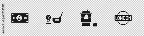 Set Pound sterling money, Golf club with ball tee, Coffee cup to go and London sign icon. Vector