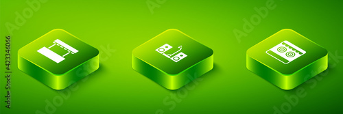 Set Isometric Home stereo with two speakers, Shooting gallery and Ticket box office icon. Vector