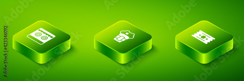 Set Isometric Popcorn in box, Ticket and Shooting gallery icon. Vector