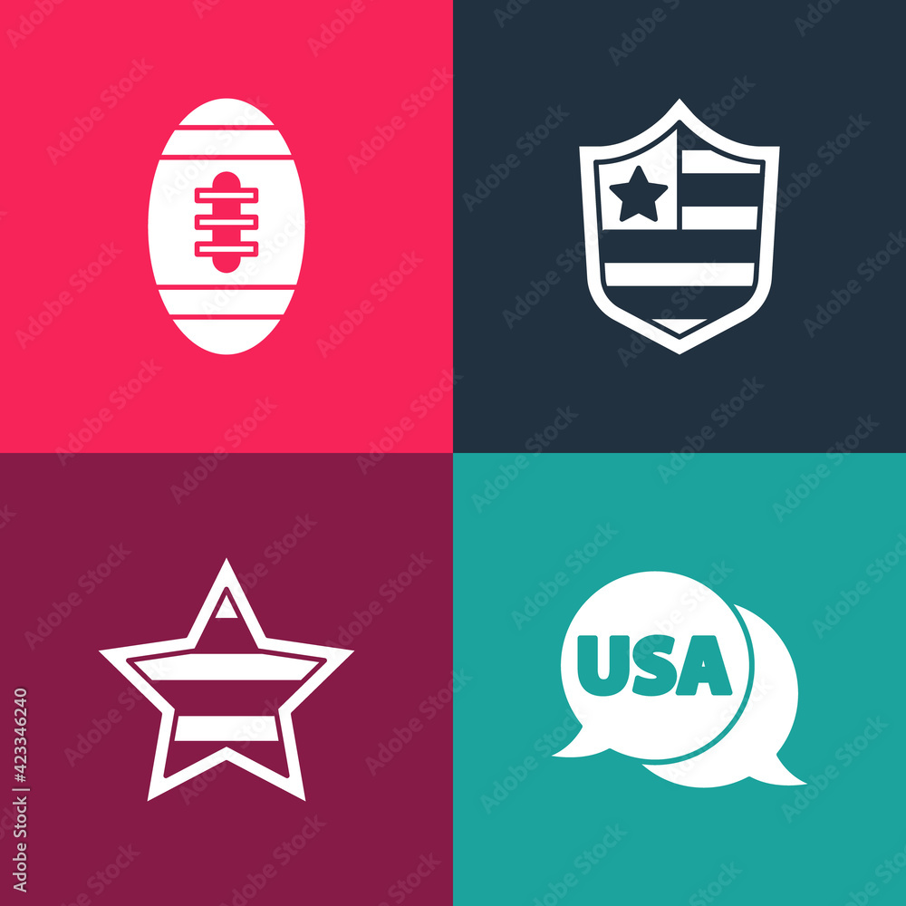 Set pop art USA label, Independence day, Shield with stars and American Football ball icon. Vector