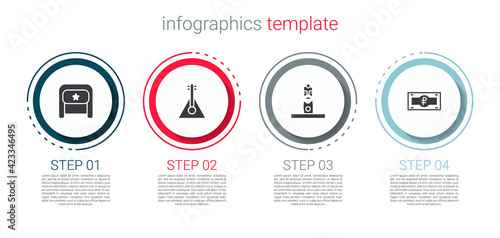 Set Ushanka, Balalaika, Slavic pagan idol and Russian ruble banknote. Business infographic template. Vector