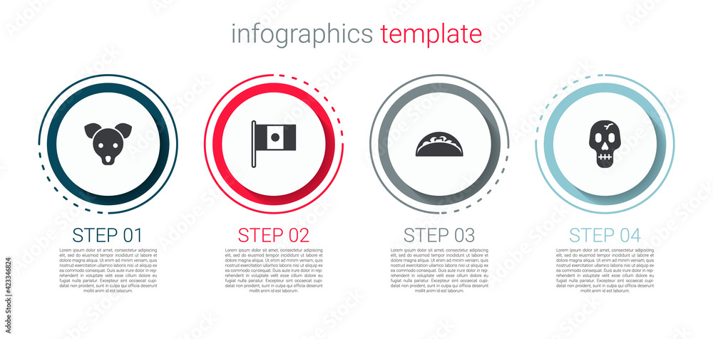 Set Dog, Mexico flag, Taco with tortilla and Skull. Business infographic template. Vector Set Dog, Mexico flag, Taco with tortilla and Skull. Business infographic template. Vector