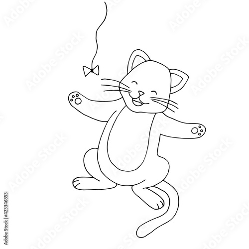 Happy cat playing with a rope. Black and white outline. Coloring book for children. Vector hand-drawn doodle illustration.
