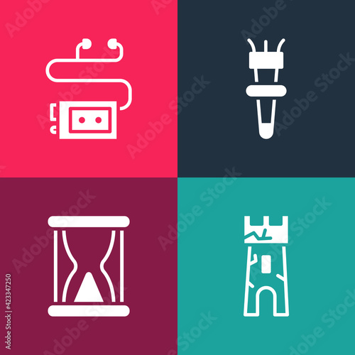 Set pop art Castle tower, Old hourglass with sand, Torch flame and Museum audio guide icon. Vector