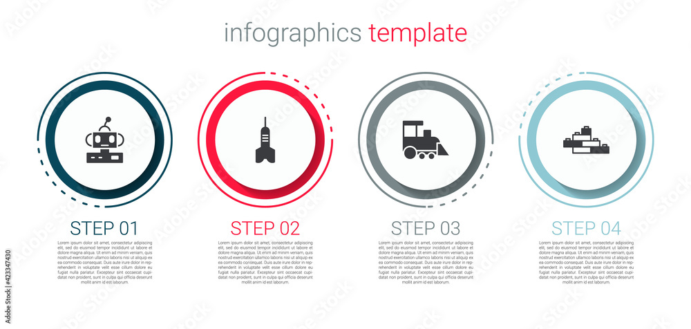 Set Robot toy, Dart arrow, Toy train and building block bricks. Business infographic template. Vector Set Robot toy, Dart arrow, Toy train and building block bricks. Business infographic template. Vector