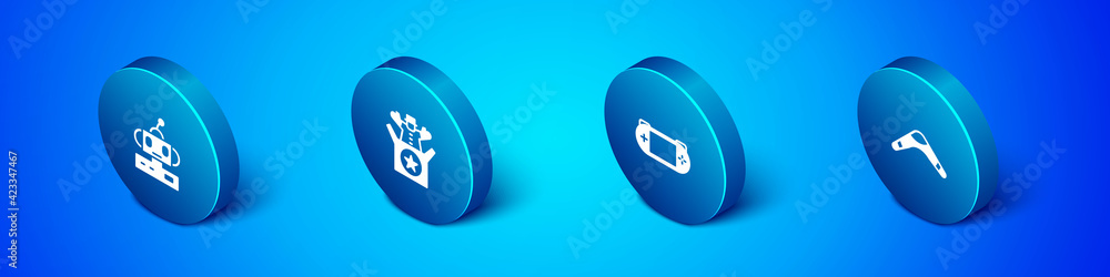 Set Isometric Robot toy, Portable video game console, Boomerang and Jack in the box icon. Vector Set Isometric Robot toy, Portable video game console, Boomerang and Jack in the box icon. Vector