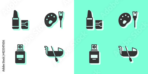 Set Gondola, Lipstick, Perfume and Paint brush with palette icon. Vector