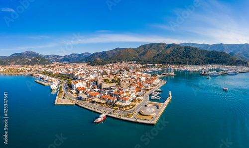 Aerial view of Marmaris at sunset, Turkey. View of the fortress and ships © Anton Petrus