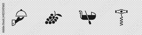 Set Covered with tray of food, Grape fruit, Gondola and Wine corkscrew icon. Vector