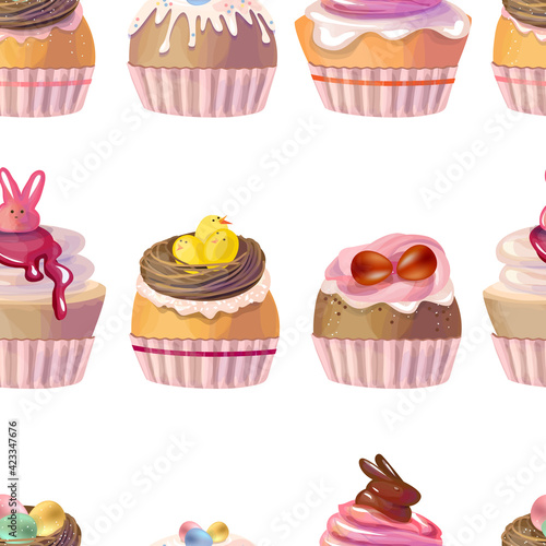 Seamless pattern with traditional easter sweet food. Festive elements in endless texture. Illustration can be used for restaurant and cafe menu and food design projects.