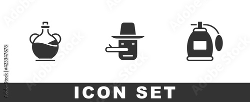 Set Bottle of olive oil, Pinocchio and Perfume icon. Vector