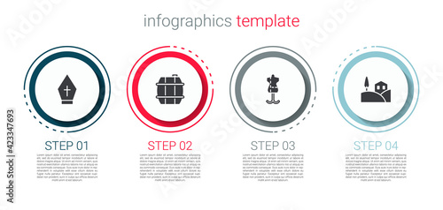 Set Pope hat, Barrel for wine, Mannequin and Village landscape. Business infographic template. Vector