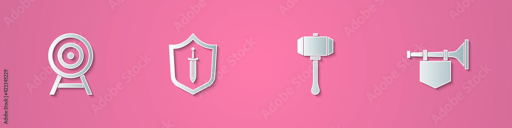 Set paper cut Target with arrow, Medieval shield sword, Hammer and Trumpet flag icon. Paper art style. Vector Set paper cut Target with arrow, Medieval shield sword, Hammer and Trumpet flag icon. Paper art style. Vector