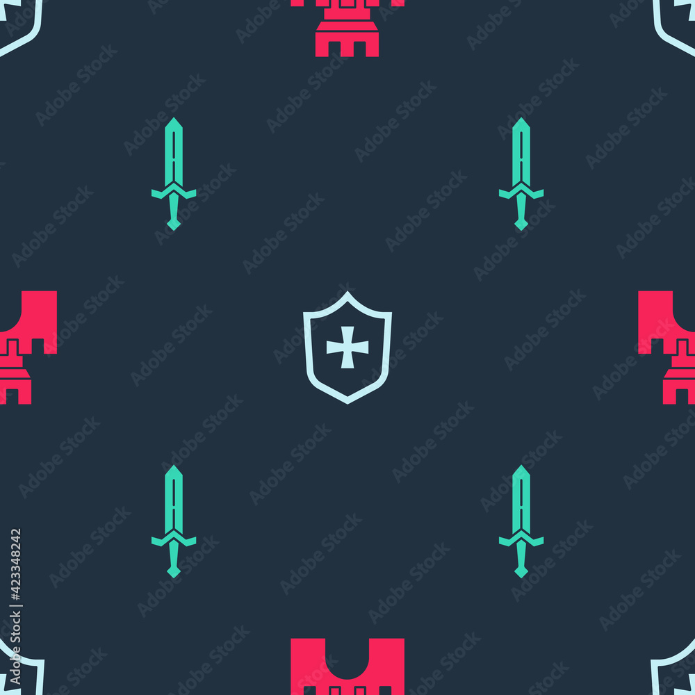Obraz premium Set Castle, fortress, Shield and Medieval sword on seamless pattern. Vector