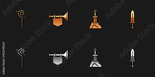 Set Magic staff, Trumpet with flag, Sword in the stone and Medieval sword icon. Vector