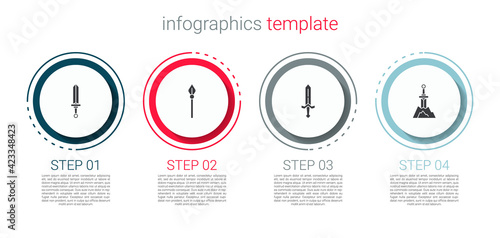 Set Medieval sword, spear, and Sword in the stone. Business infographic template. Vector
