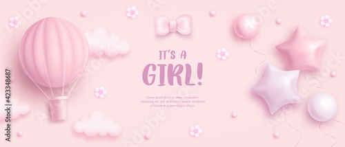 Baby shower horizontal banner with cartoon hot air balloon, helium balloons, clouds and flowers on pink background. It's a girl. Vector illustration