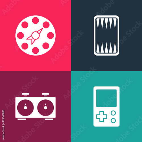 Set pop art Tetris, Time chess clock, Backgammon board and Twister game icon. Vector