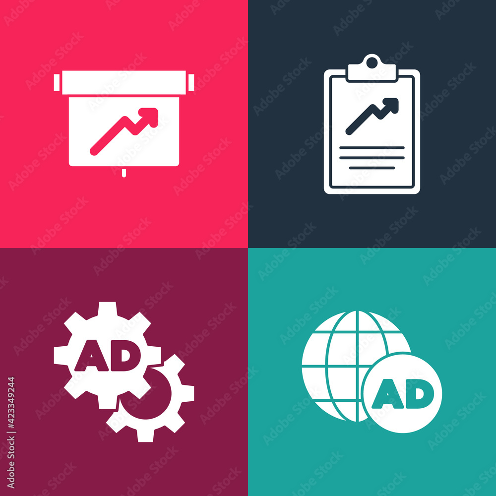 Set pop art Advertising, , Clipboard with graph chart and Board icon. Vector Set pop art Advertising, , Clipboard with graph chart and Board icon. Vector