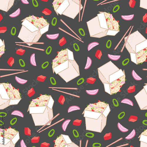 Wok with vegetables and rice. Traditional asian food. Chinese, Japanese cuisine. Fast food takeout in a box. Minimalistic flat design. Seamless background with pattern.