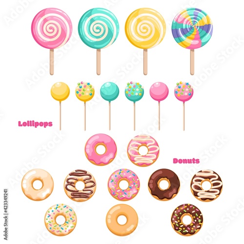 Delicious fresh sweet donut from a pastry bakery. Snack. Bright colored lollipop. Sweet dessert for kids. Candy on a stick. Isolated clipart set on white background.
