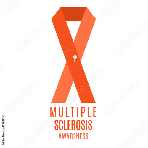 Multiple sclerosis awareness poster with an orange ribbon and a needle pin on white background. Central nervous system disease symbol. Medical concept. Vector illustration.